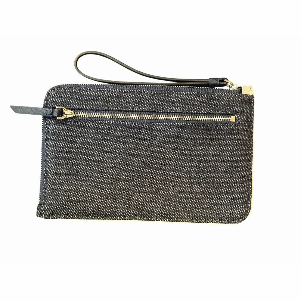 Kate Spade Medium L-Zip Wristlet Denim Multi Zip Clutch Wallet New